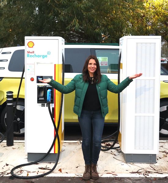 Ginny Buckley and Shell Recharge Rapid chargers, with VW Buzz